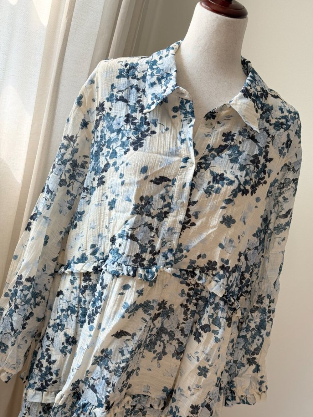 Anthropologie Maeve Bettina Ruffle Mini Dress XL Blue Floral Button Front - Picture 3 of 8